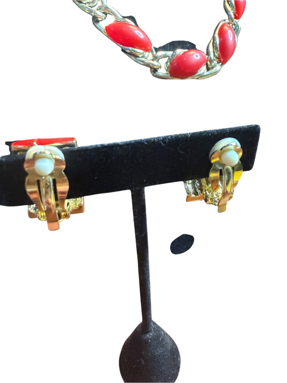 1950’s Red Thermoset Gold Tone Choker Necklace + 90's Enamel Earrings Set - Picture 3 of 8